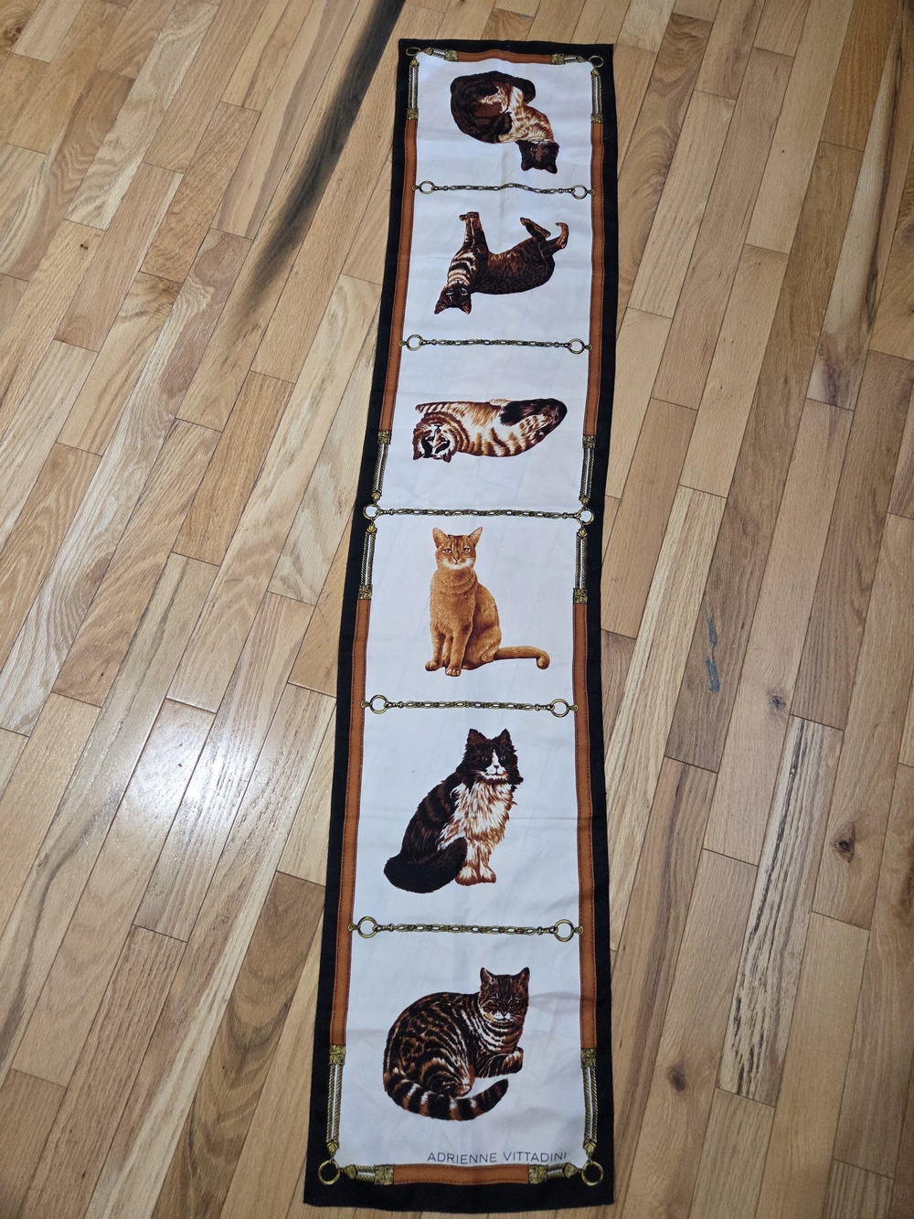 Vintage Silk Adrienne Vittadini Cat Motif Scarf in Brown, Tan and Black